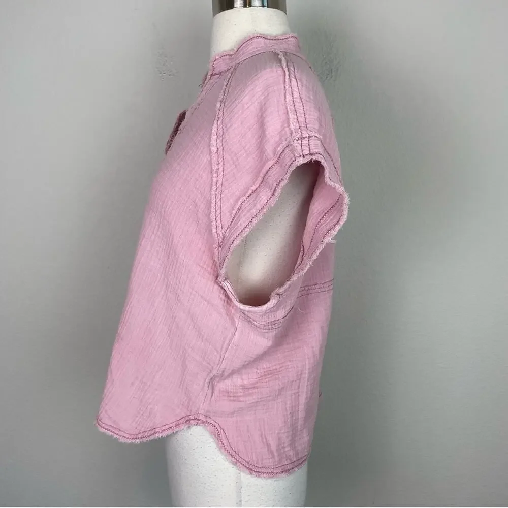 We the Free Pink Gauzy Cotton Button Short Sleeve Top XS